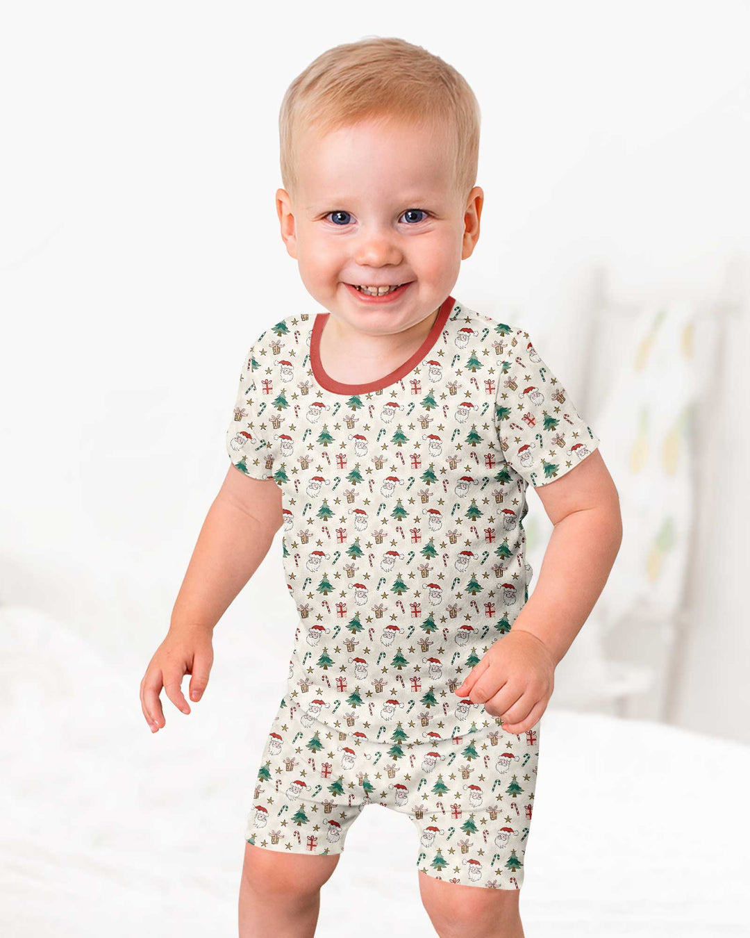 Snowy Santa Bamboo Two Piece Short Sleeve Shorts Pajama Set