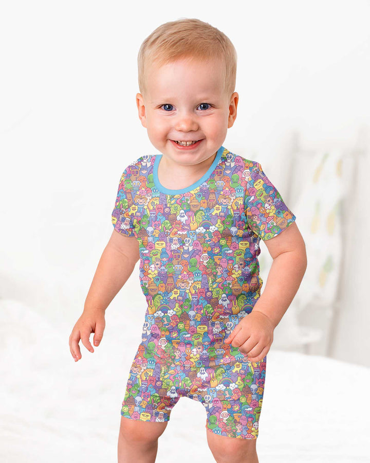 Doodle Characters Pastel Bamboo Two Piece Short Sleeve Shorts Pajama Set
