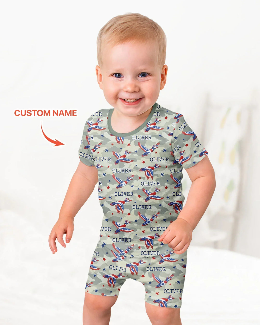 Custom Name America Mallard Duck Family Matching Bamboo Two Piece Short Sleeve Shorts Pajama Set