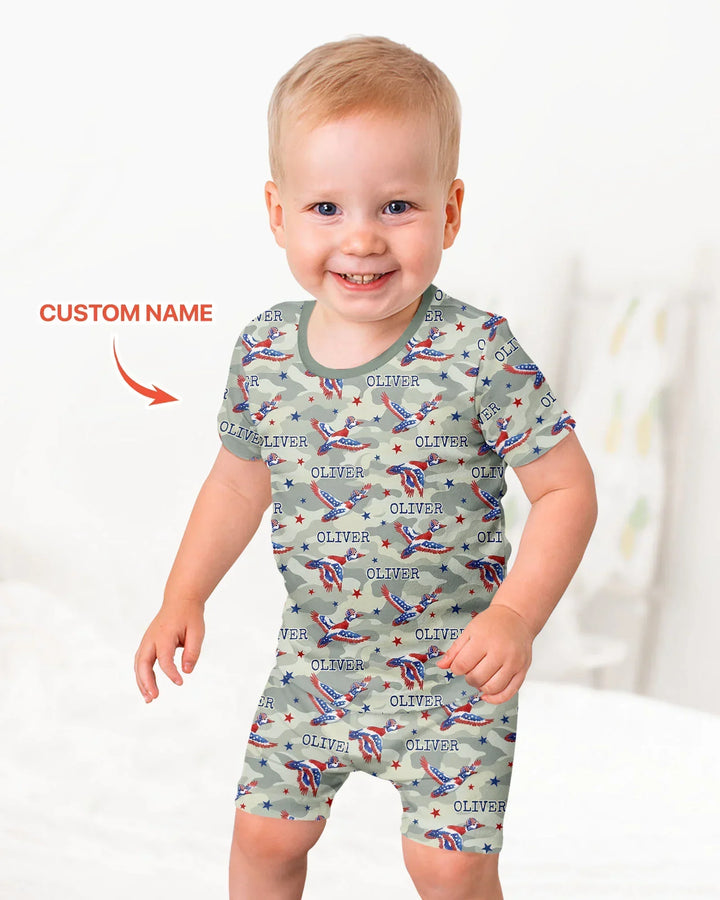 Custom Name America Mallard Duck Family Matching Bamboo Two Piece Short Sleeve Shorts Pajama Set