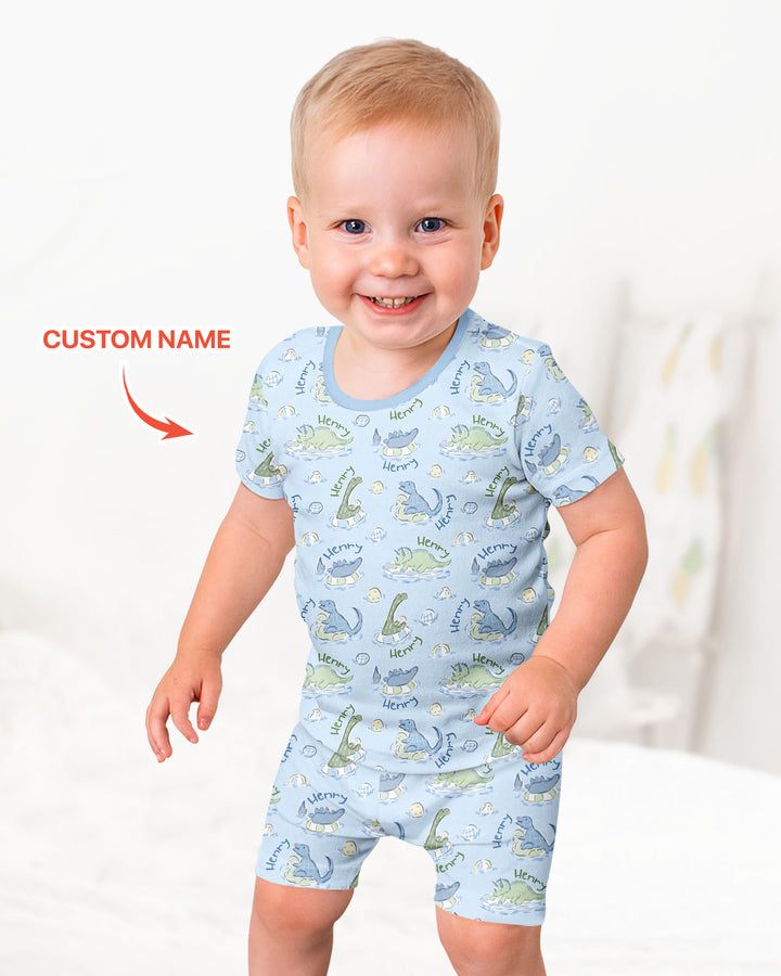 Dinos Swimming Custom Name Bamboo Two Piece Short Sleeve Shorts Pajama Set