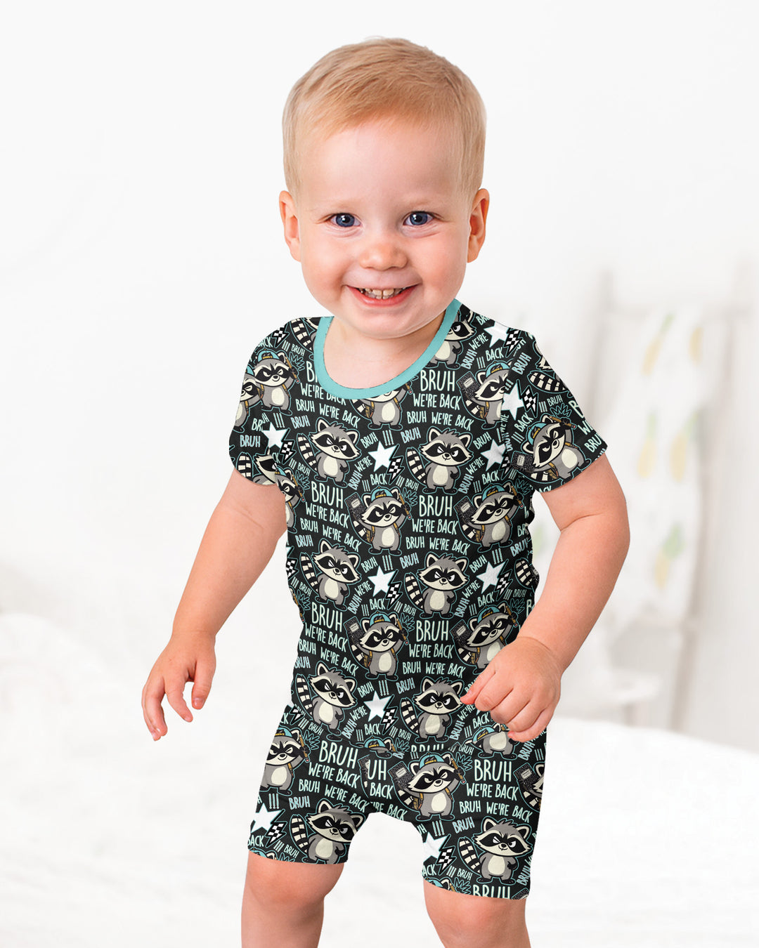 Bruh We're Back Raccoon Bamboo Two Piece Short Sleeve Shorts Pajama Set