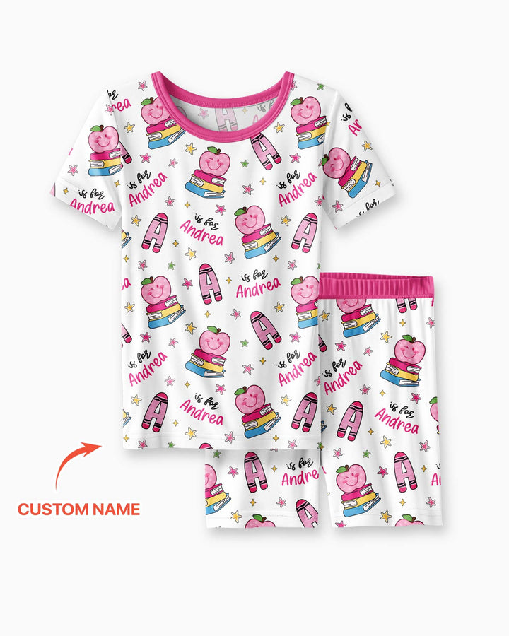 Custom Name Crayon Alphabet Bamboo Two Piece Short Sleeve Shorts Pajama Set