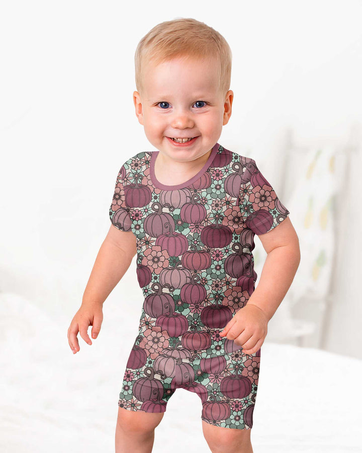 Retro Floral Pumpkin Patch Bamboo Two Piece Short Sleeve Shorts Pajama Set