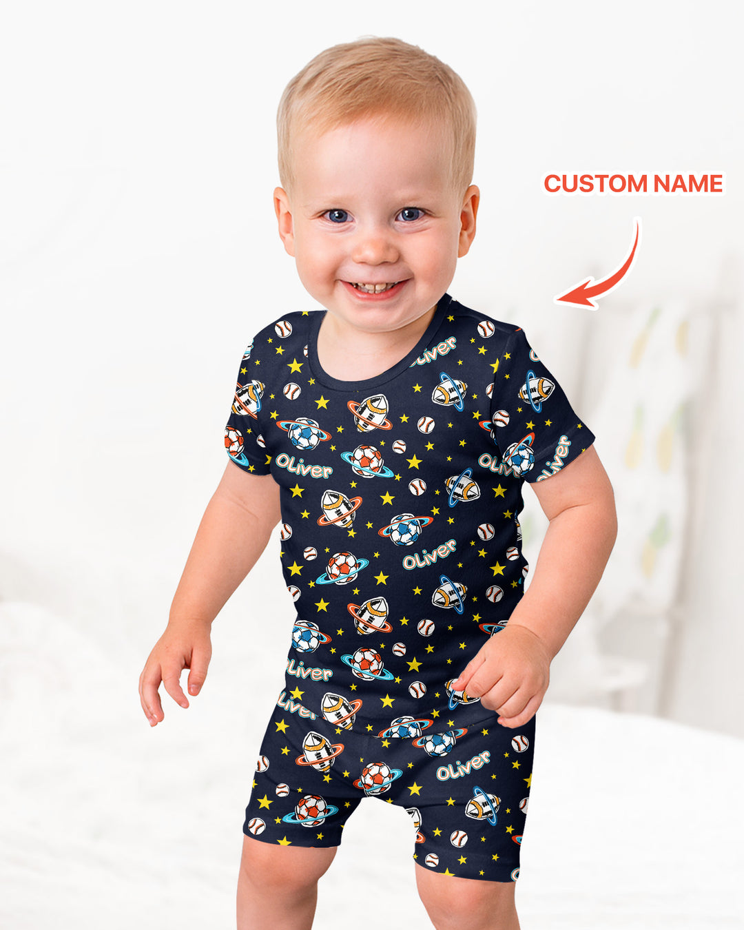 Custom Name Space Sport Bamboo Two Piece Short Sleeve Shorts Pajama Set