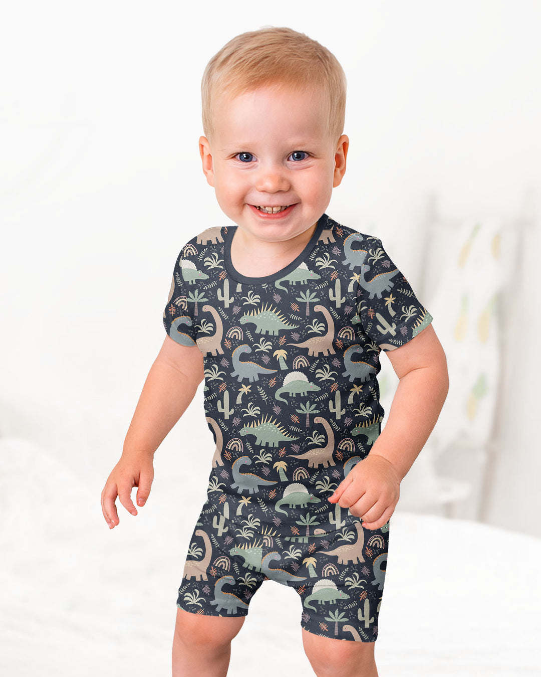 Navy Jurassic Jungle Bamboo Two Piece Short Sleeve Shorts Pyjamas Set