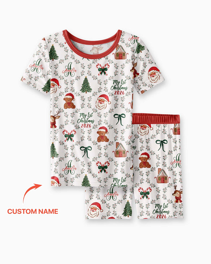 Custom name "Fancy Monogram Red Christmas 2026" Bamboo Two Piece Short Sleeve Shorts Pajama Set