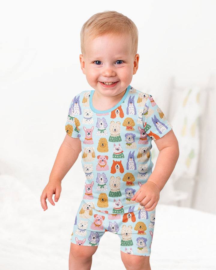Whimsical Puppy Parade Family Matching Bamboo Two Piece Short Sleeve Shorts Pajama Set