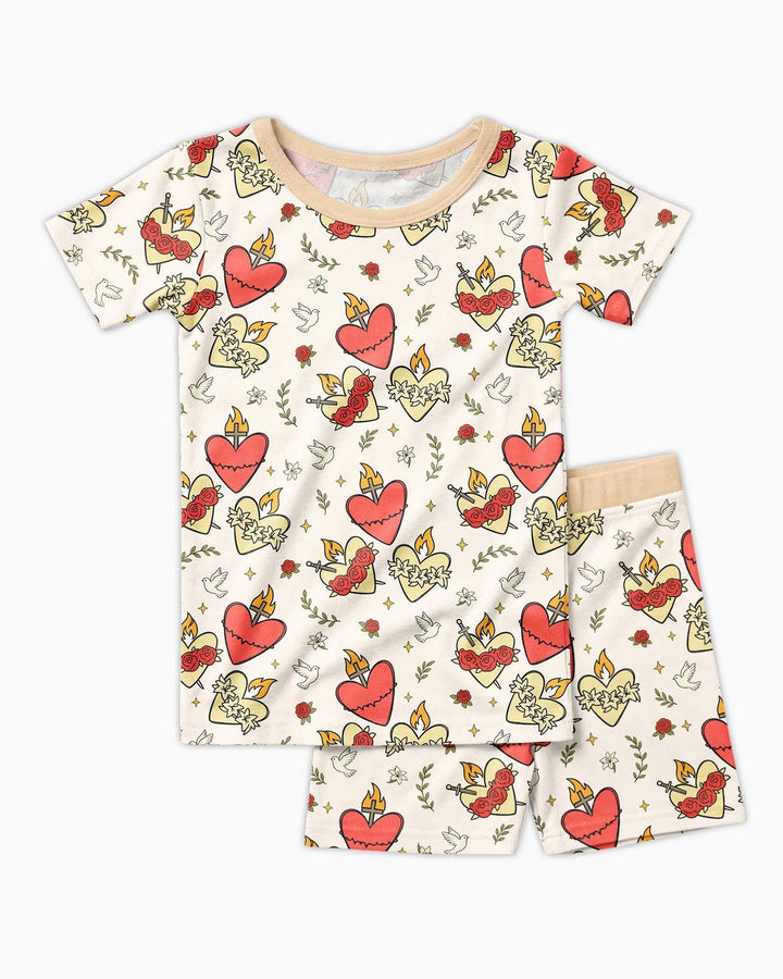 Three Sacred Hearts Bamboo Two Piece Short Sleeve Shorts Pajama Set