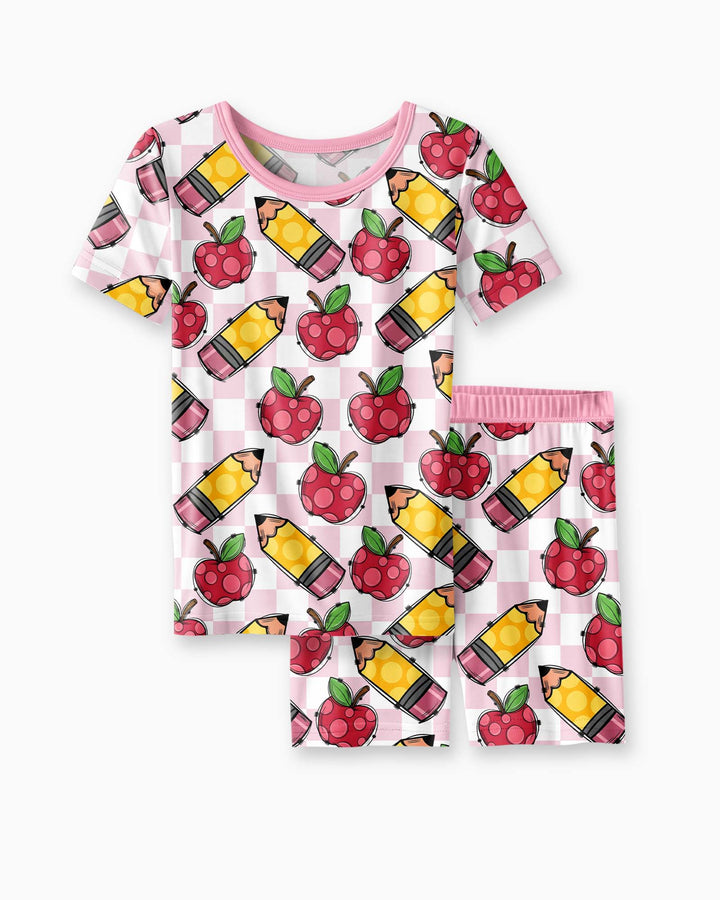 Checkered Apple Scribbles Bamboo Two Piece Short Sleeve Shorts Pajama Set