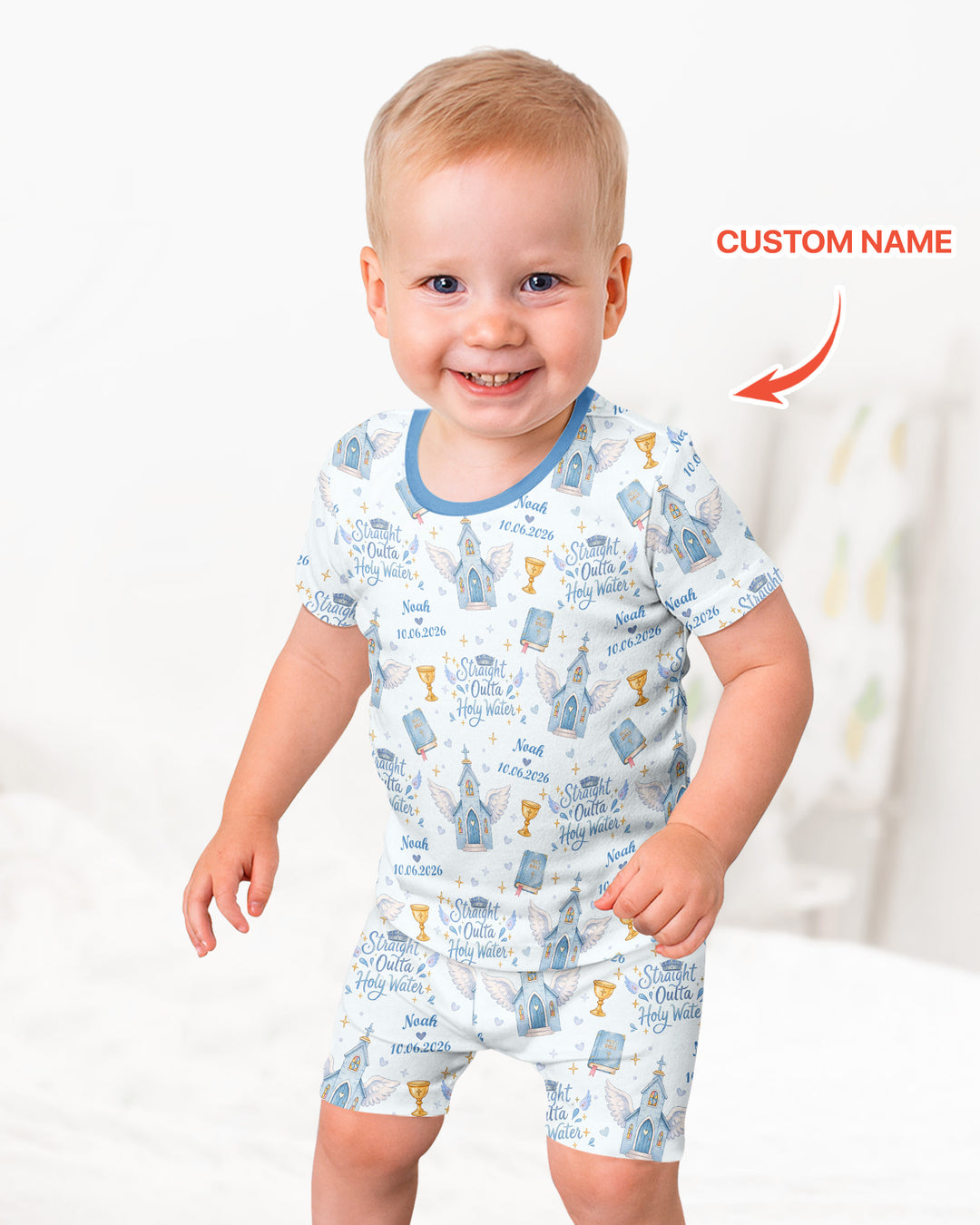 Custom Name Baptism Christening Straight Outta Holy Water Bamboo Two Piece Short Sleeve Shorts Pajama Set