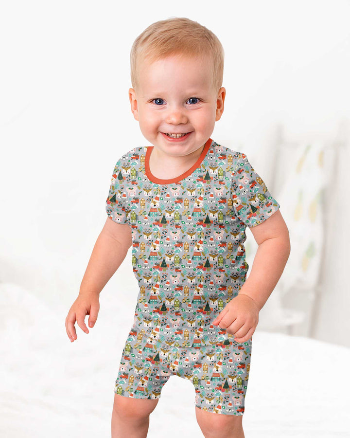 Christmas Woodland Deer Fox Bear Bamboo Two Piece Short Sleeve Shorts Pajama Set
