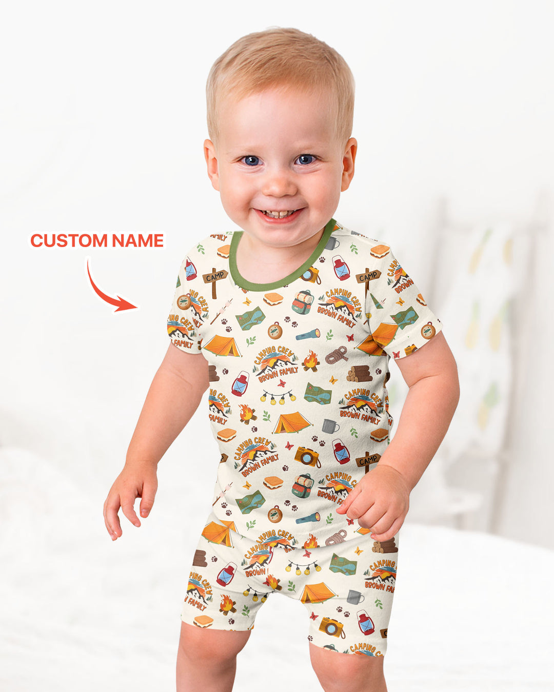Custom Name Camping Crew Family Matching Bamboo Two Piece Short Sleeve Shorts Pajama Set