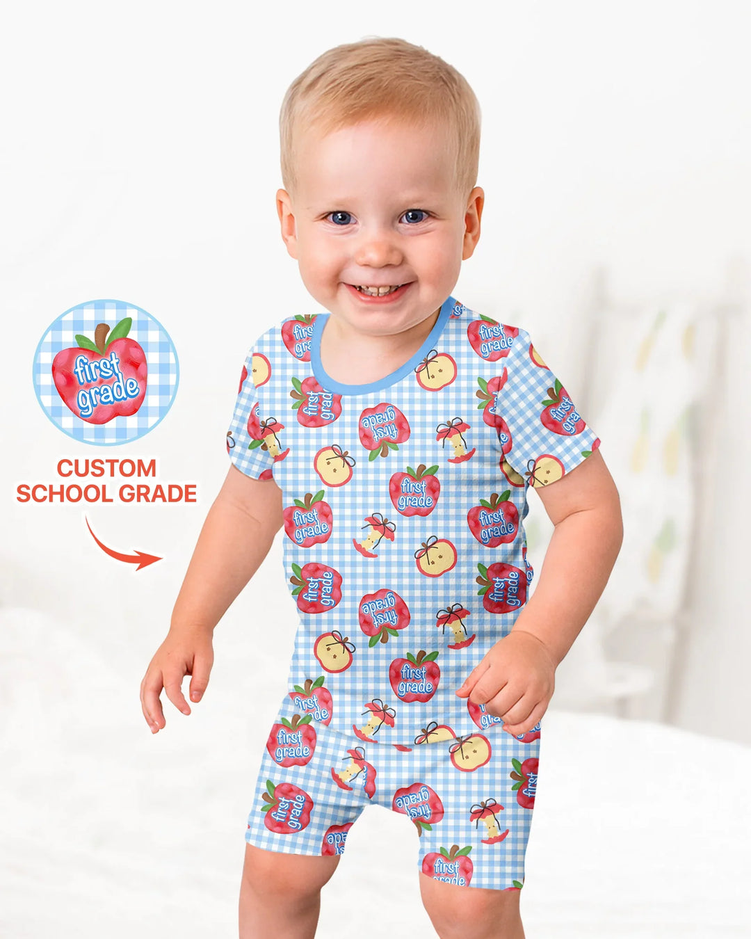 Custom School Grade Apple Days Bamboo Two Piece Short Sleeve Shorts Pajama Set