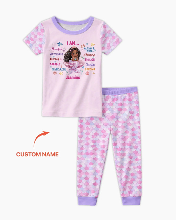 Custom Name Black Mermaid I Am Beautiful Bamboo Two Piece Short Sleeve Pajama Set