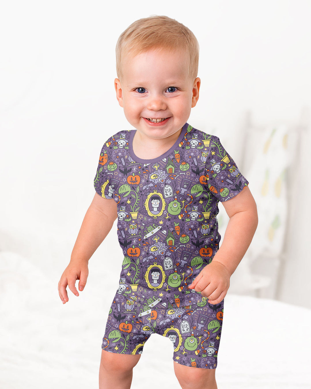 Halloween Monster Fun Bamboo Two Piece Short Sleeve Shorts Pajama Set