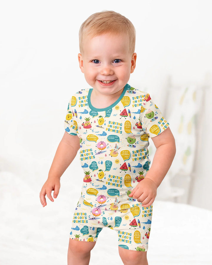 Summer Fruits Surfing On God's Promises Bamboo Two Piece Short Sleeve Shorts Pajama Set