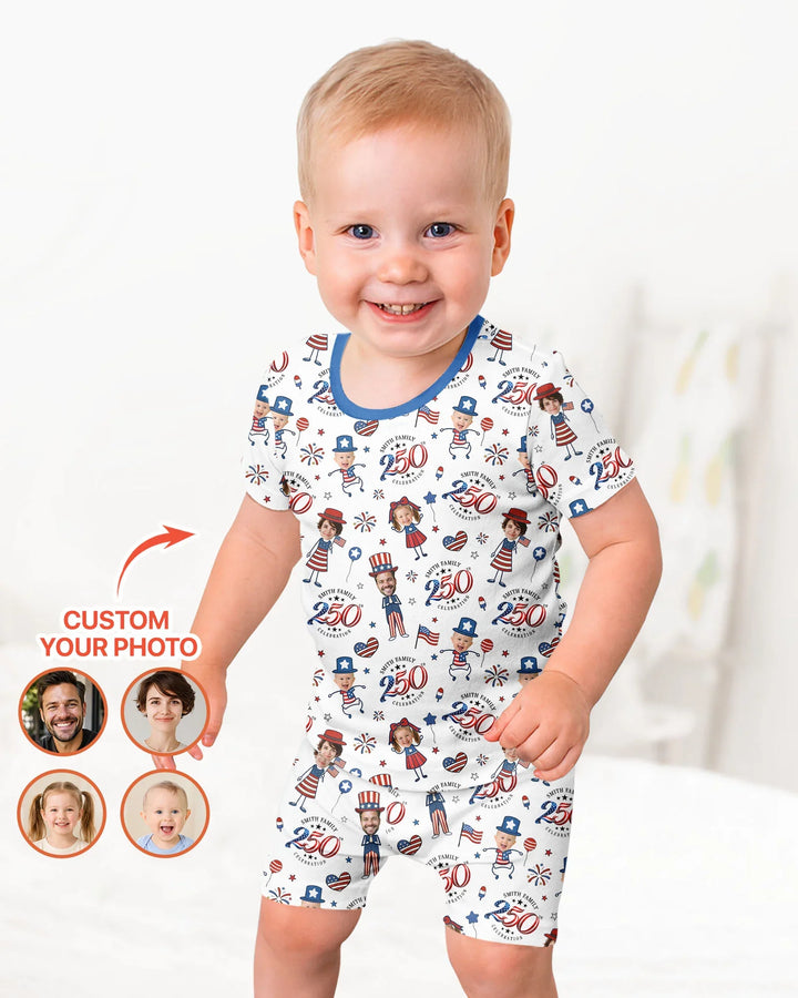 Custom Photo Smith Family Celebration Bamboo Two Piece Short Sleeve Shorts Pajama Set
