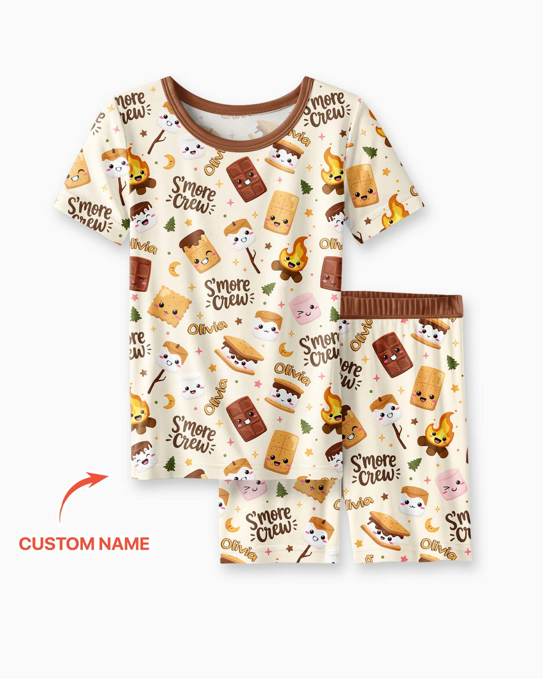 Custom Name Kawaii S'more Crew Family Matching Bamboo Two Piece Short Sleeve Shorts Pajama Set