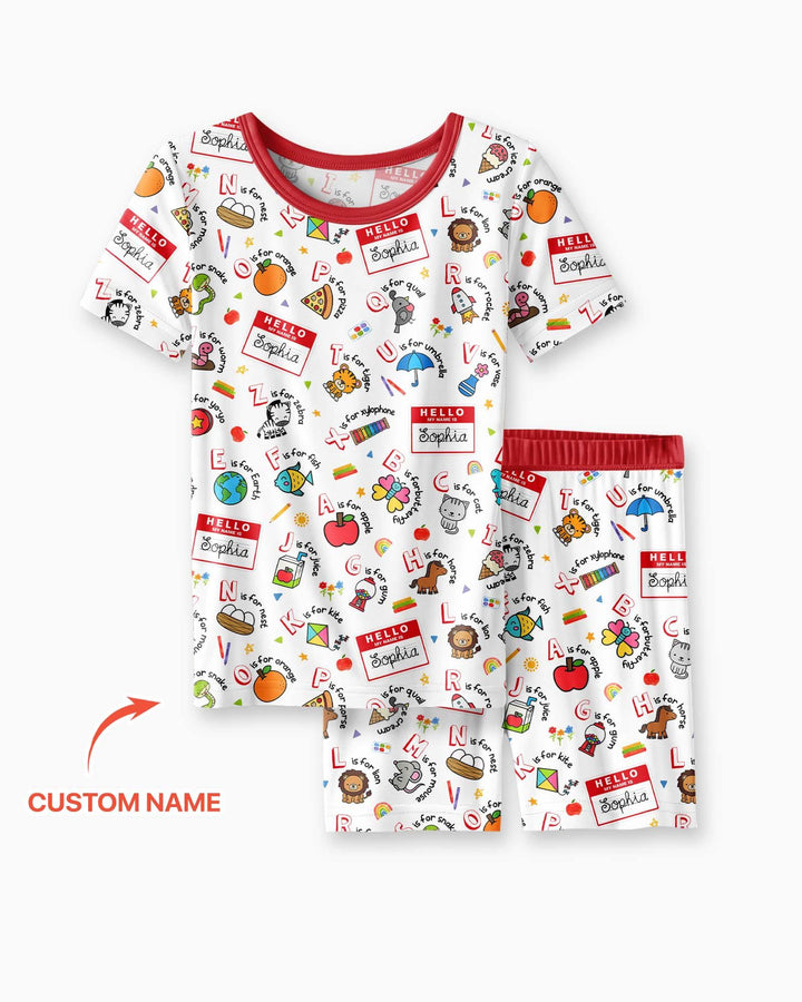 Custom Name Hello School ABCs Bamboo Two Piece Short Sleeve Shorts Pajama Set