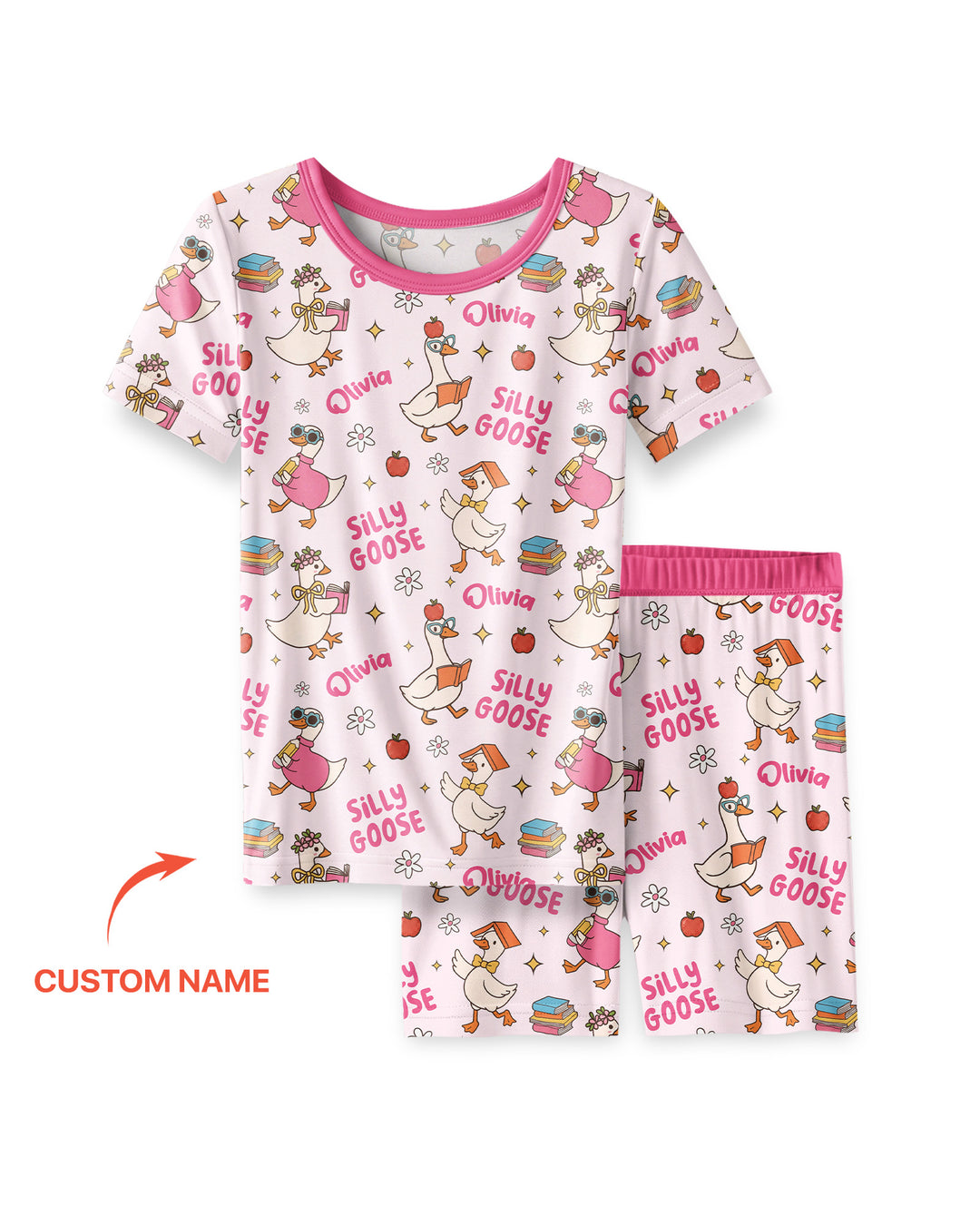 Custom Name Silly Goose Back to School Bamboo Two Piece Short Sleeve Shorts Pajama Set
