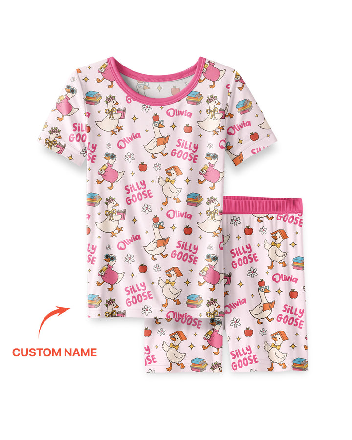 Custom Name Silly Goose Back to School Bamboo Two Piece Short Sleeve Shorts Pajama Set