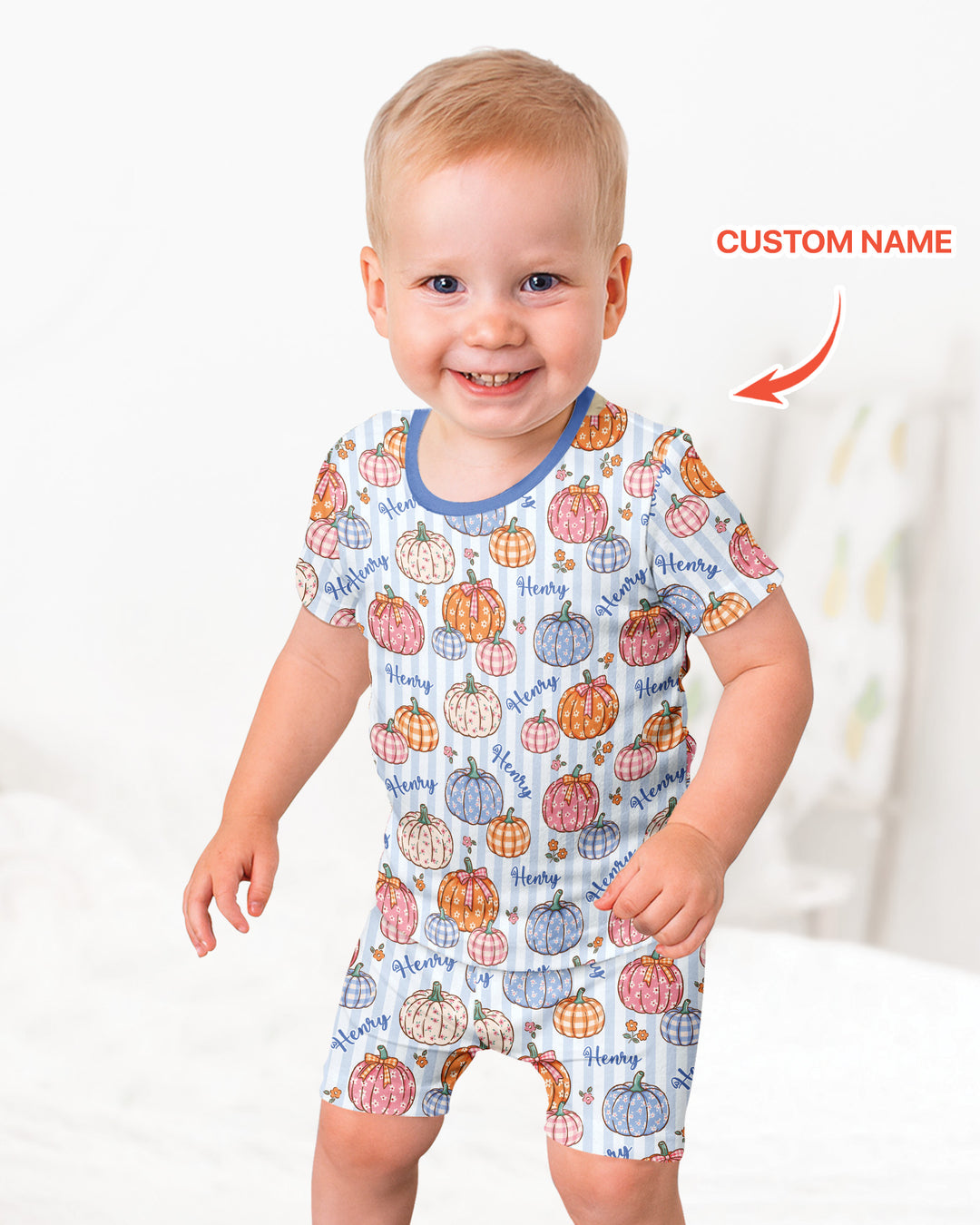 Custom Name Pumpkin Patch Bamboo Two Piece Short Sleeve Shorts Pajama Set