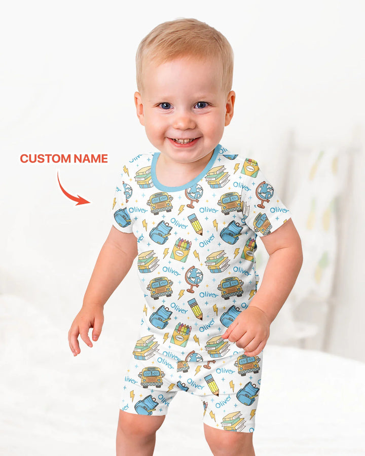Custom Name Back To School Bamboo Two Piece Short Sleeve Shorts Pajama Set