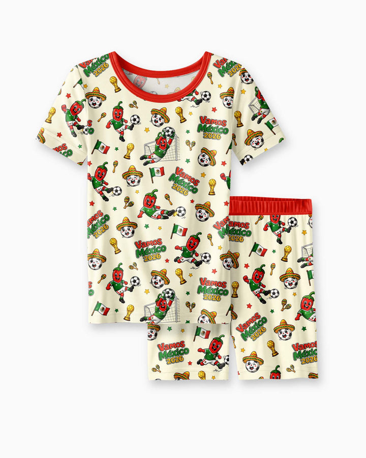 Cartoon World Soccer Vamos Mexico Family Matching Bamboo Two Piece Short Sleeve Shorts Pajama Set