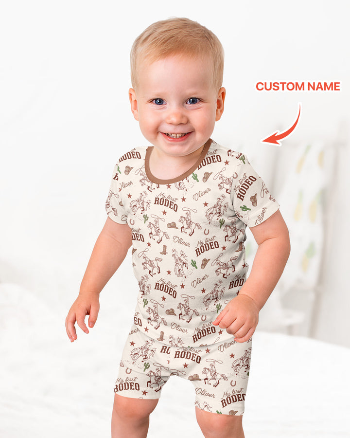 Custom Name First Rodeo Family Matching Bamboo Two Piece Short Sleeve Shorts Pajama Set