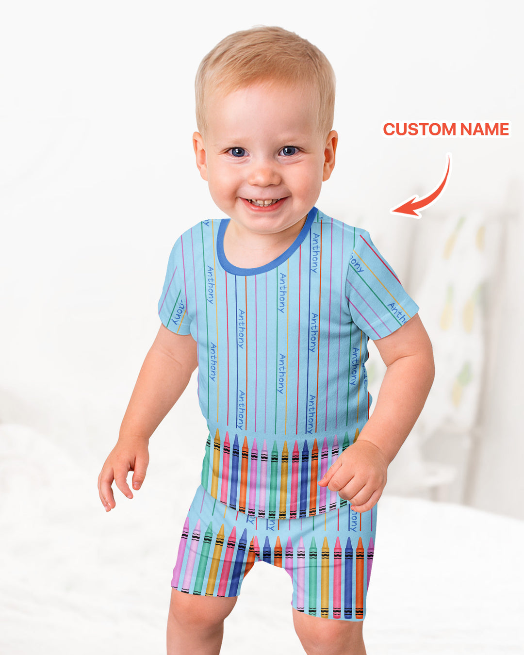 Custom Name Crayon Lines Bamboo Two Piece Short Sleeve Shorts Pajama Set