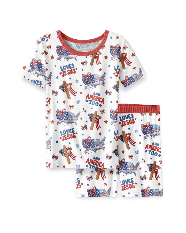 Loves Jesus And America Too Bamboo Two Piece Short Sleeve Shorts Pajama Set