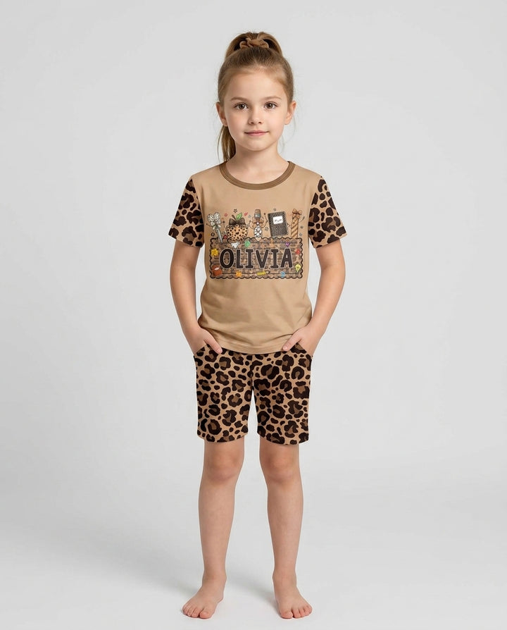 Custom Name School Sweetheart Leopard Bamboo Two Piece Short Sleeve Shorts Pajama Set