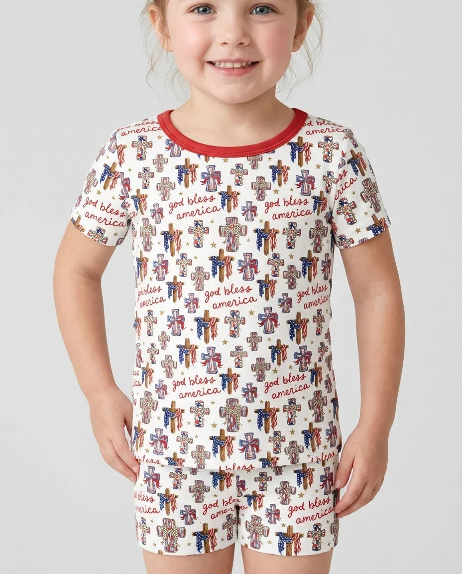 God Bless America Family Matching Bamboo Two Piece Short Sleeve Shorts Pajama Set