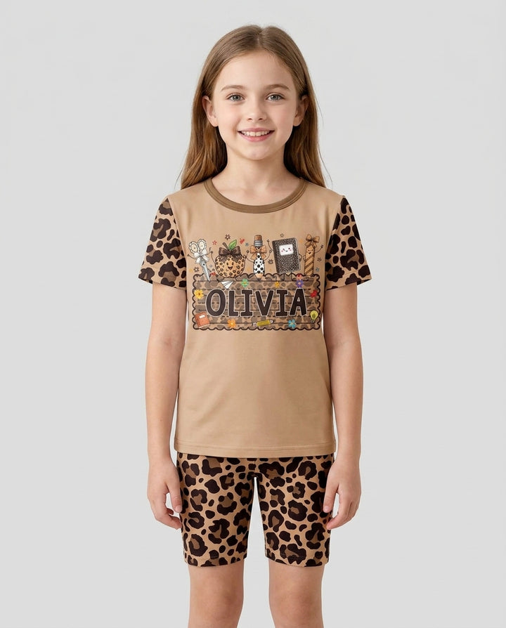 Custom Name School Sweetheart Leopard Bamboo Two Piece Short Sleeve Shorts Pajama Set
