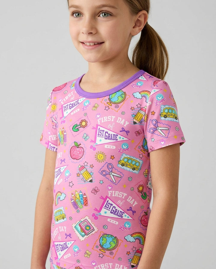 Custom Grade Girls School First Day Bamboo Two Piece Short Sleeve Pajama Set