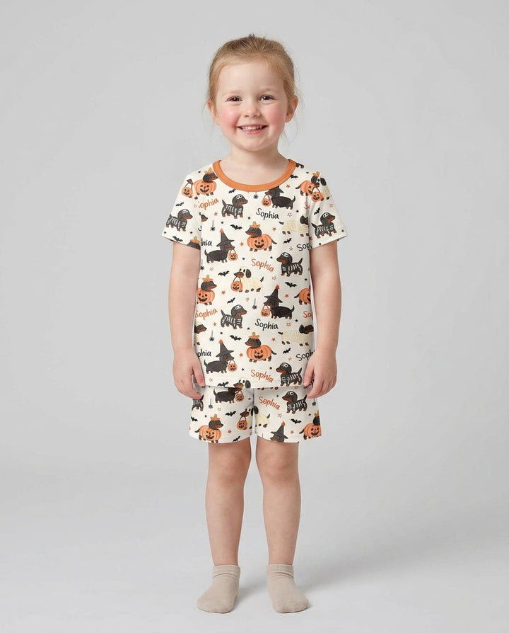 Orange and Black Dachshund Bamboo Two Piece Short Sleeve Shorts Pajama Set