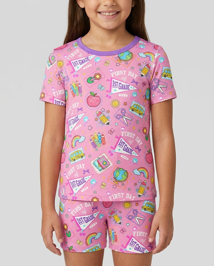 Custom Grade Girls School First Day Bamboo Two Piece Short Sleeve Shorts Pajama Set