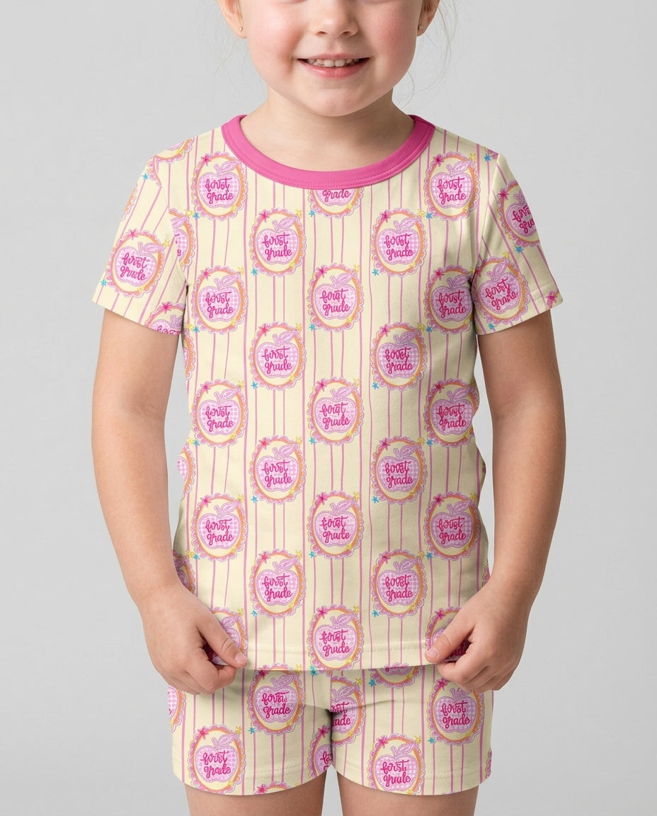 Custom Grade School Sweetie Bamboo Two Piece Short Sleeve Shorts Pajama Set