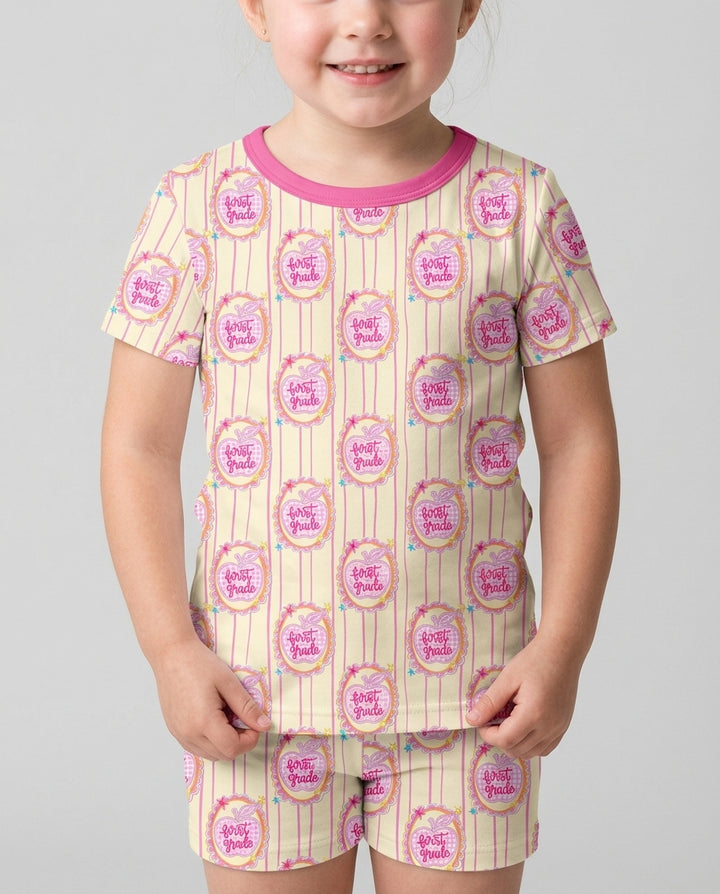 Custom Grade School Sweetie Bamboo Two Piece Short Sleeve Shorts Pajama Set