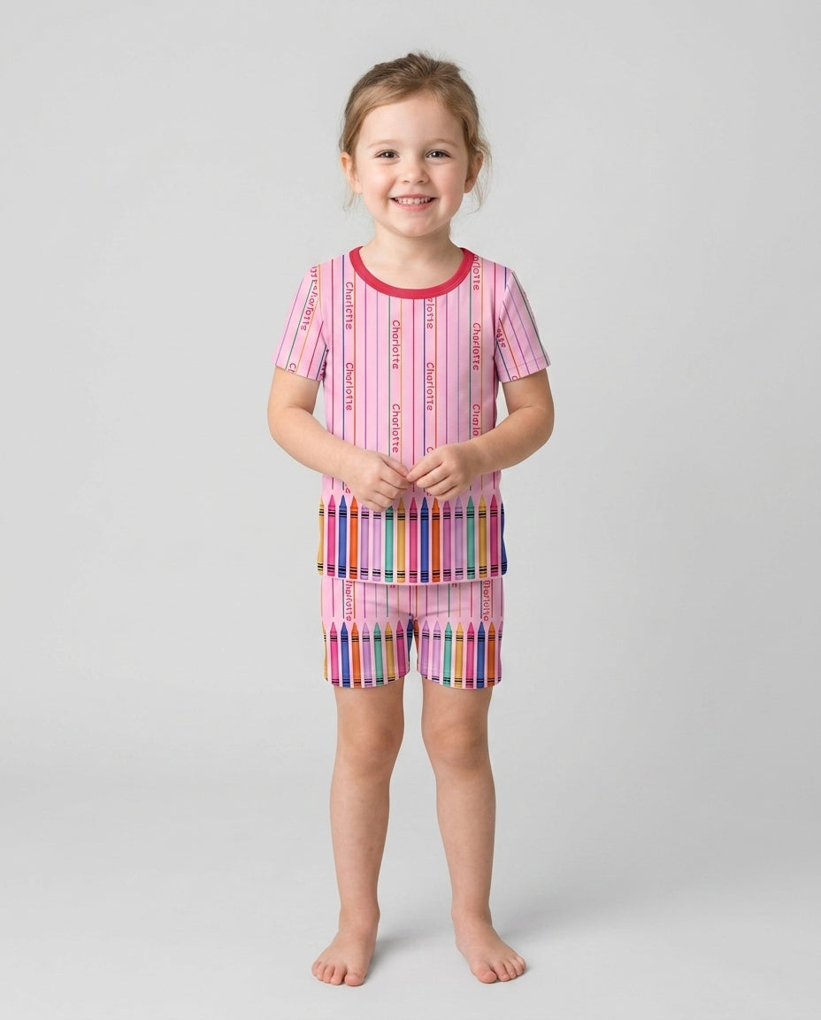 Custom Name Crayon Lines Bamboo Two Piece Short Sleeve Shorts Pajama Set