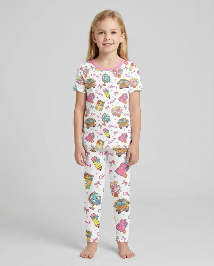 Custom Name Back To School Bamboo Two Piece Short Sleeve Pajama Set