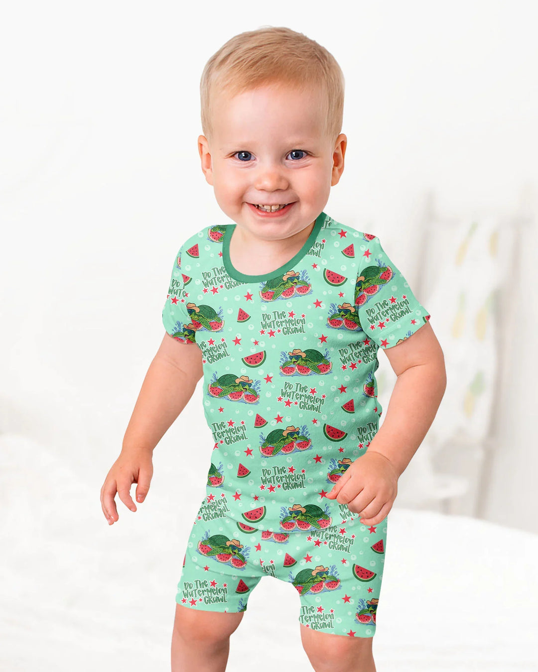 Watermelon Turtle Family Matching Bamboo Two Piece Short Sleeve Shorts Pajama Set
