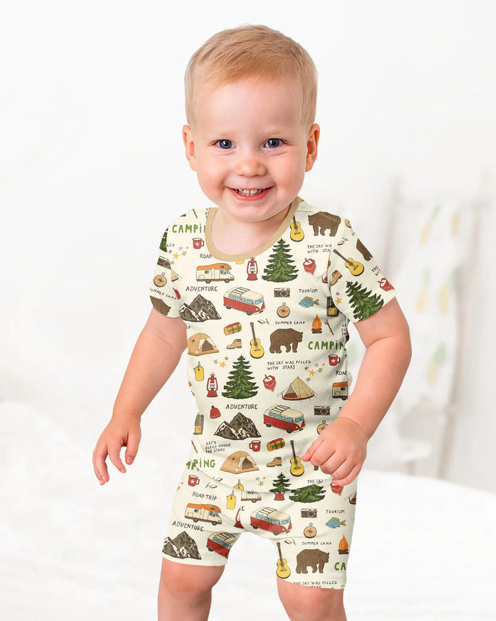 Outdoor Camping Adventure Family Matching Bamboo Two Piece Short Sleeve Shorts Pajama Set