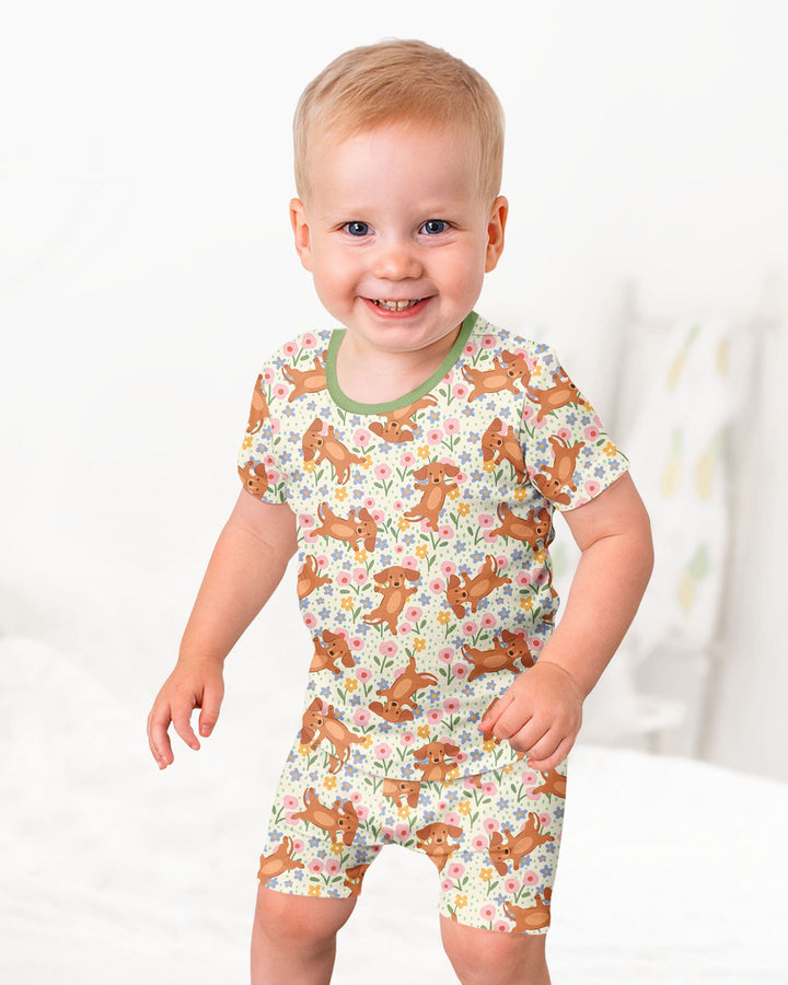Dachshund Blooms Family Matching Bamboo Two Piece Short Sleeve Shorts Pajama Set