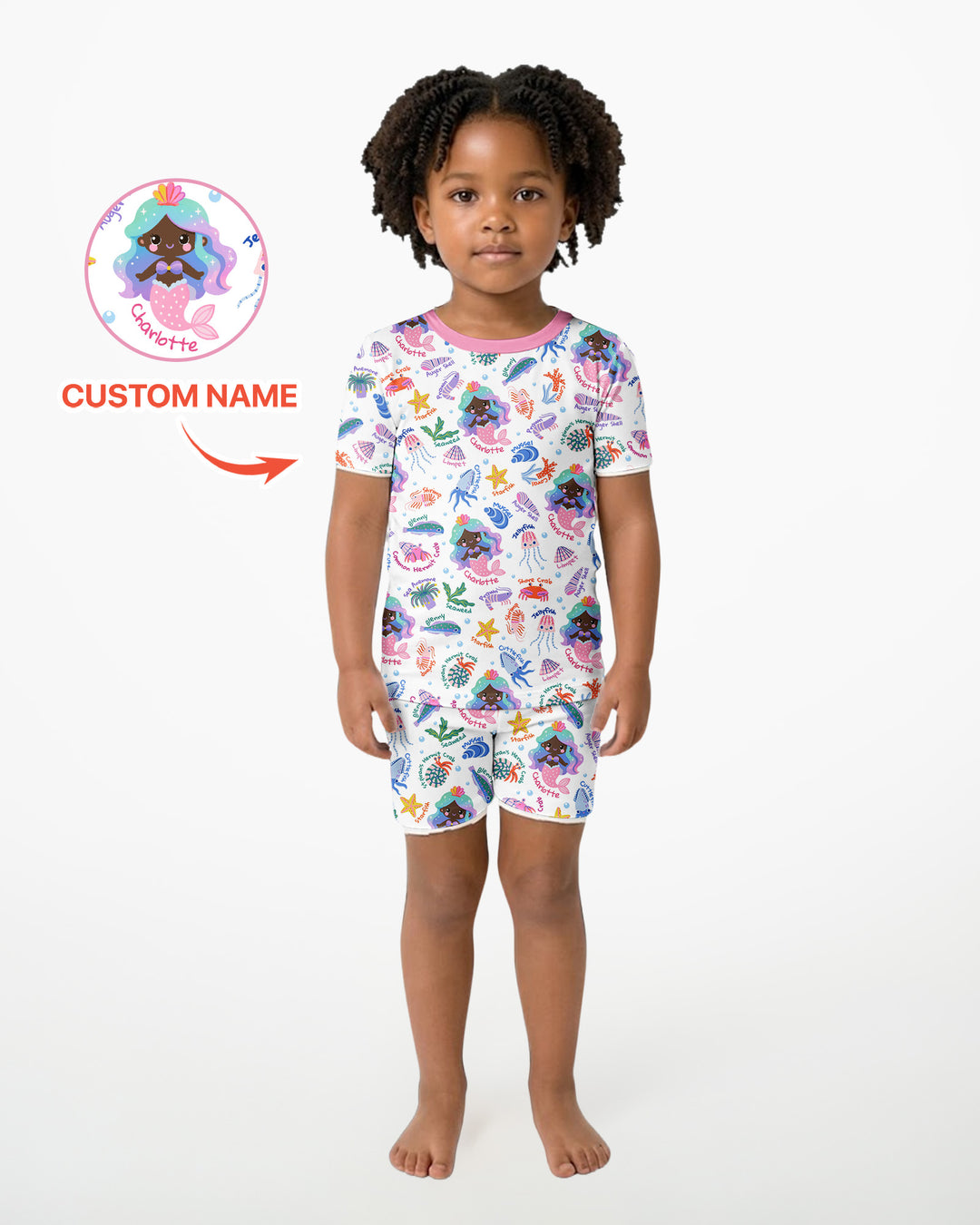 Personalized Cute Mermaid Bamboo Two Piece Short Sleeve Shorts Pajama Set