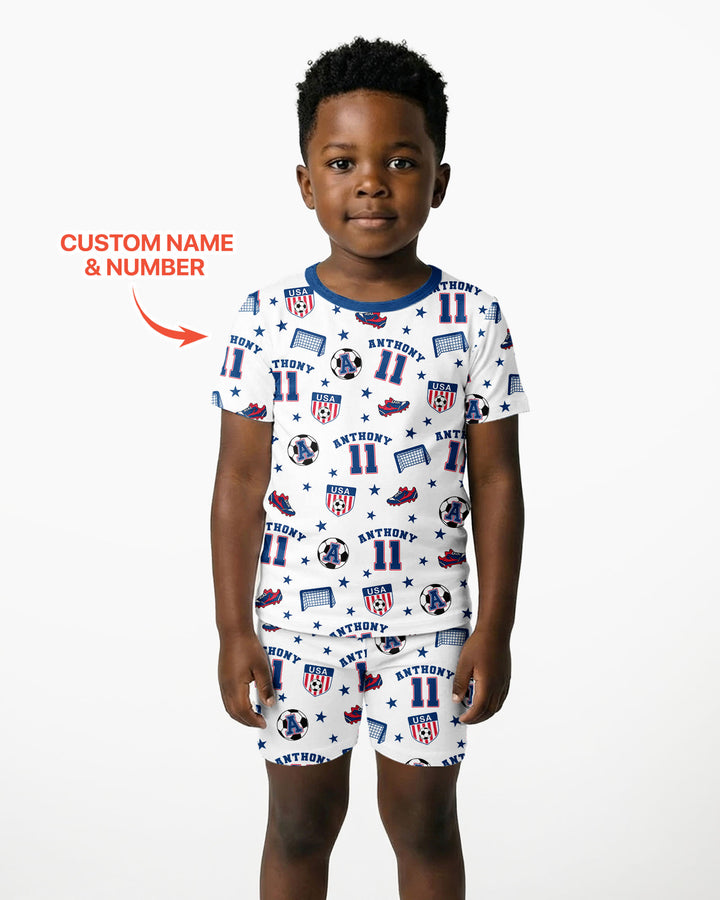 Custom Name Soccer Time Bamboo Two Piece Short Sleeve Shorts Pajama Set