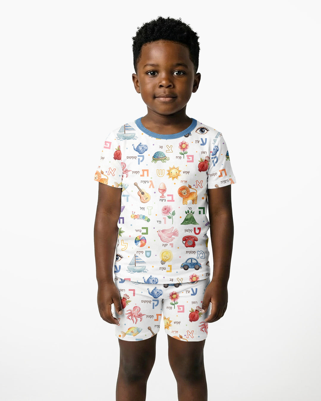 Hebrew Aleph Bet Bamboo Two Piece Short Sleeve Shorts Pajama Set