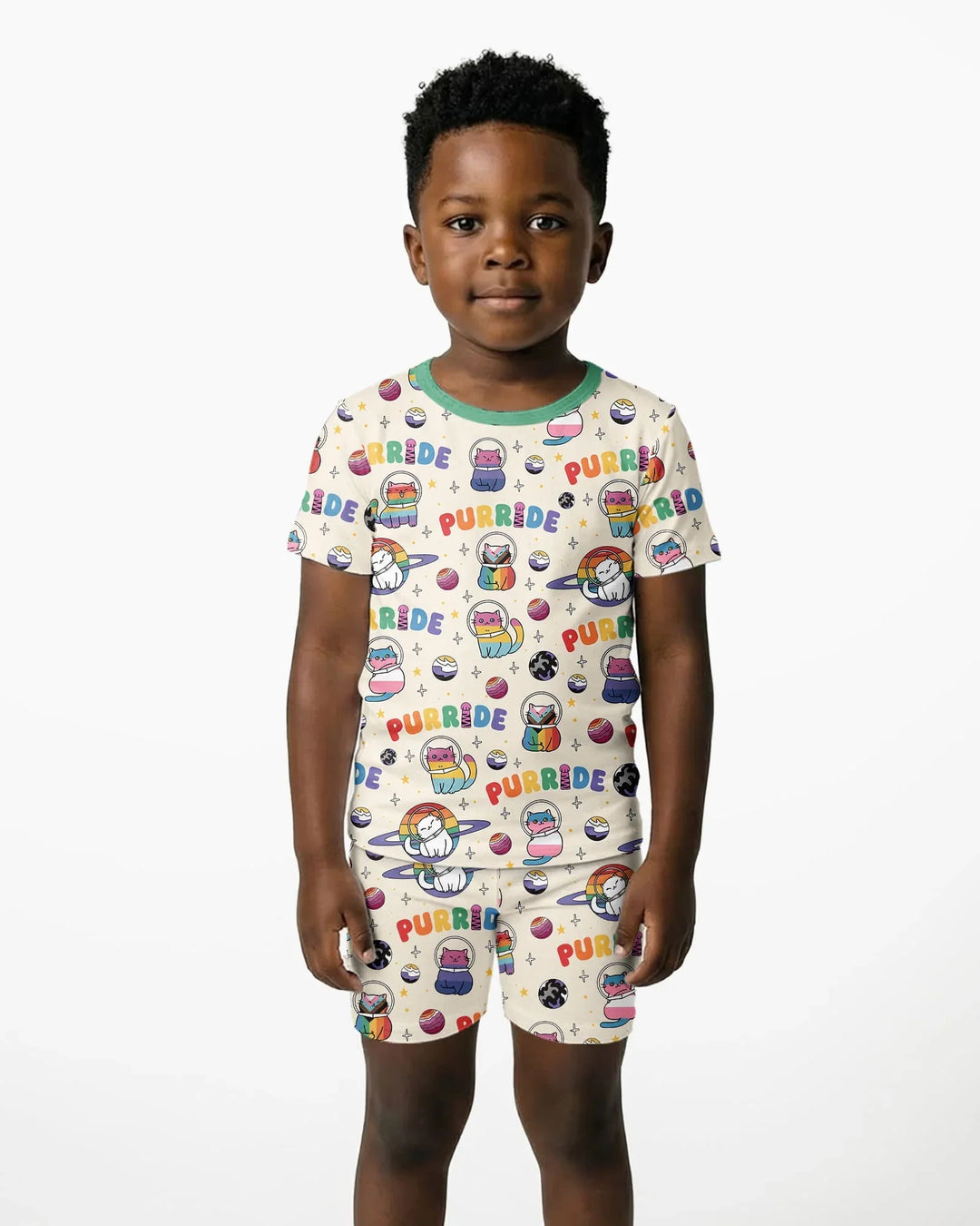Rainbow Space Cats Family Matching Bamboo Two Piece Short Sleeve Shorts Pajama Set