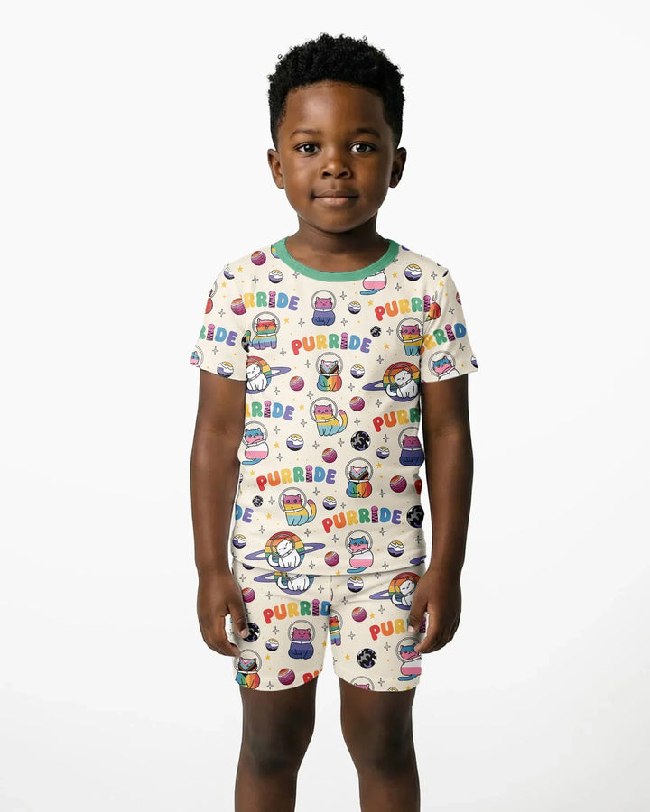 Rainbow Space Cats Family Matching Bamboo Two Piece Short Sleeve Shorts Pajama Set